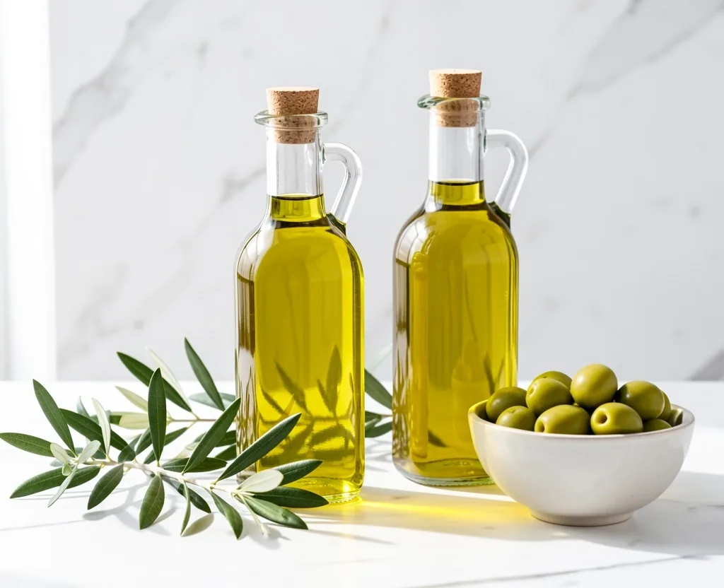 Botellas de aceite de oliva virgen extra con ramas de olivo