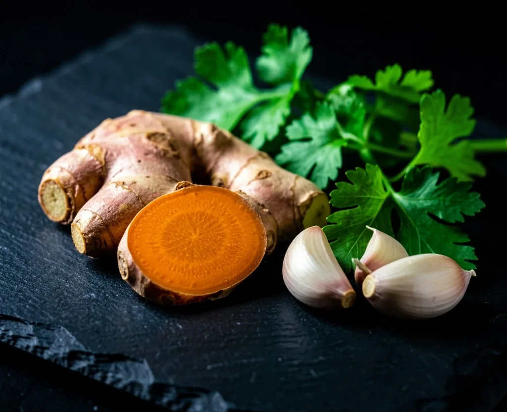 Cúrcuma, jengibre, ajo y cilantro fresco sobre pizarra