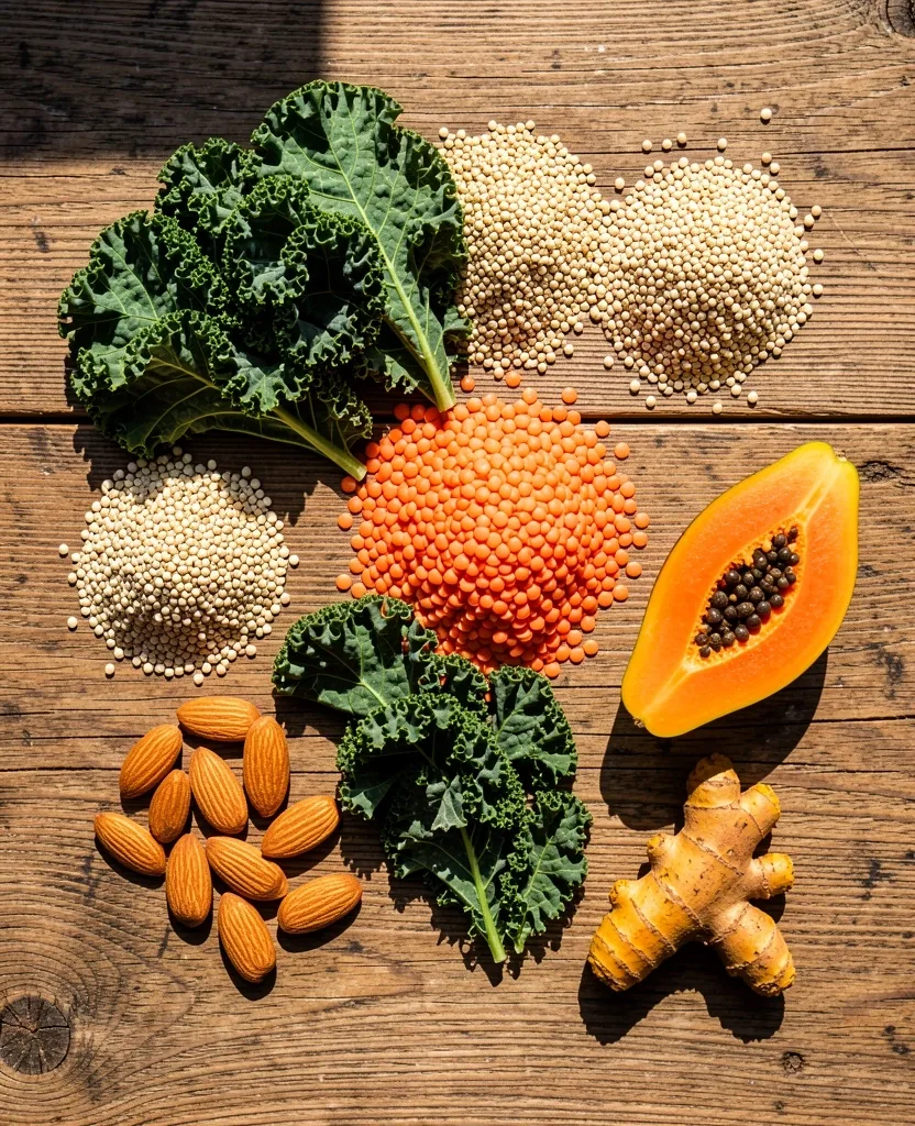 Ingredientes naturales sobre superficie de madera