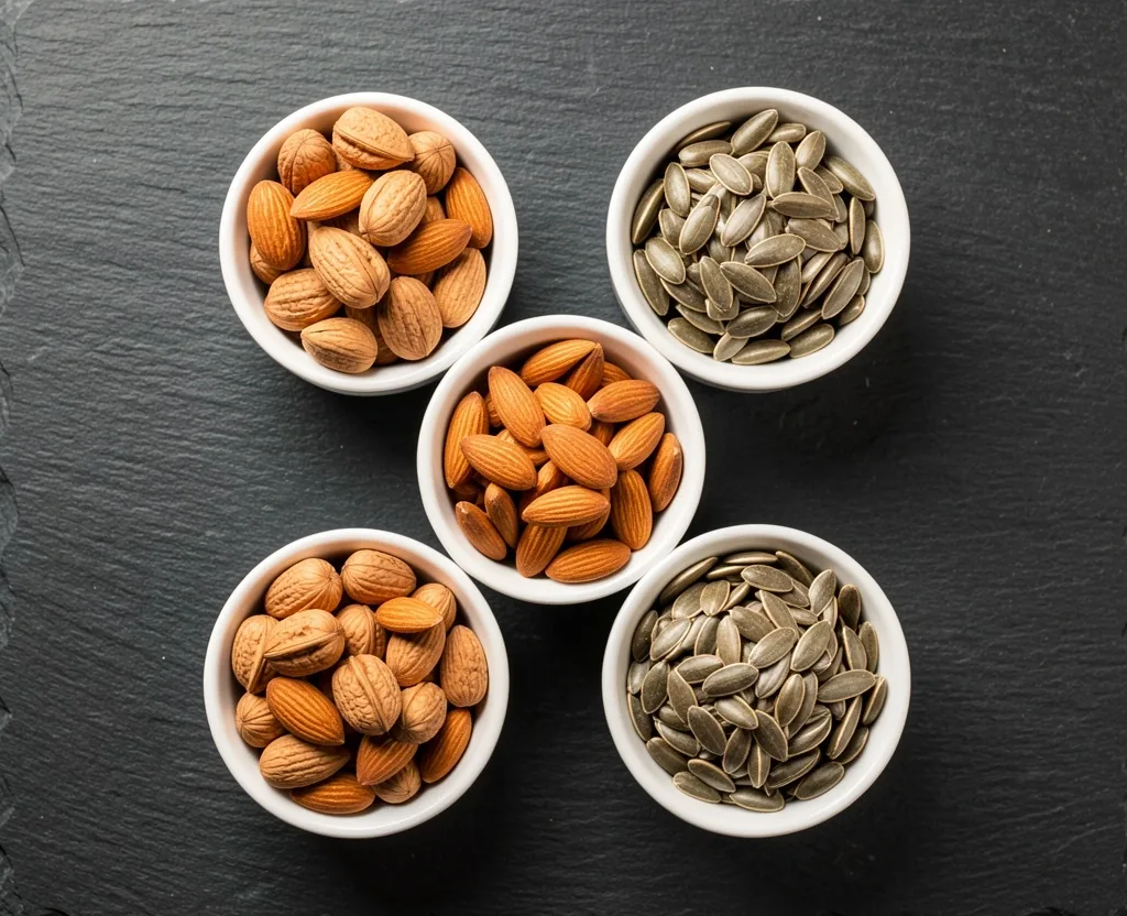 Nueces, almendras y semillas variadas en recipientes de cerámica