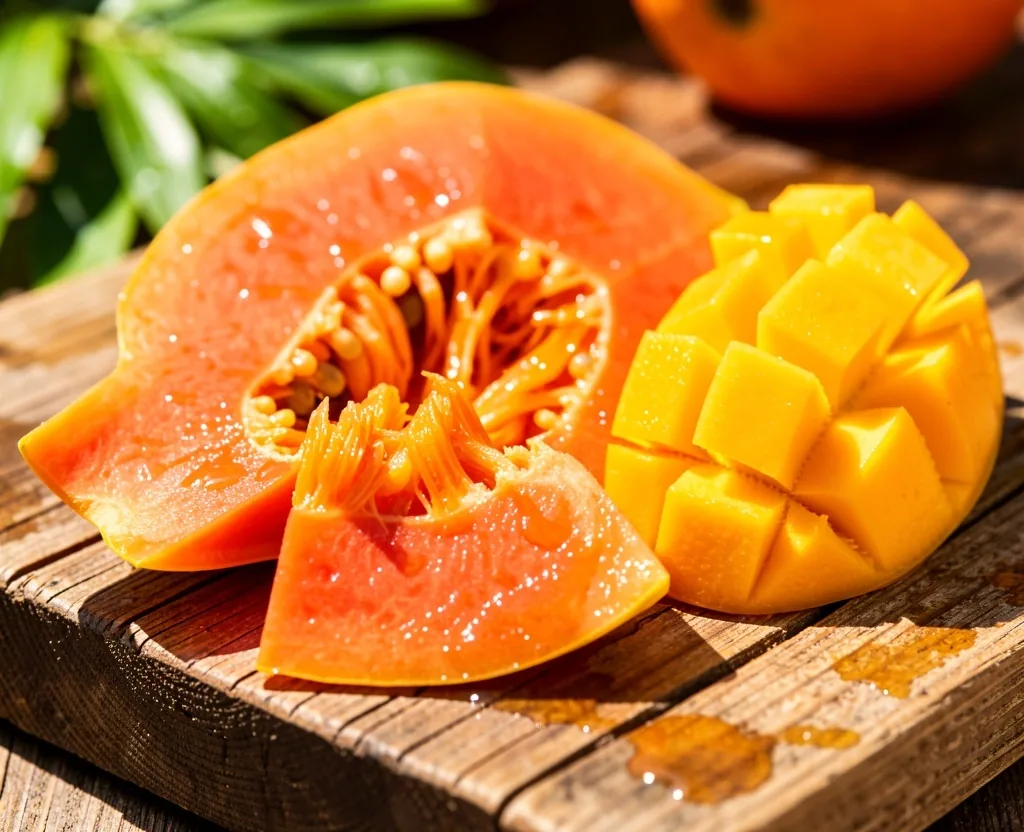 Papaya y mango frescos sobre tabla de madera