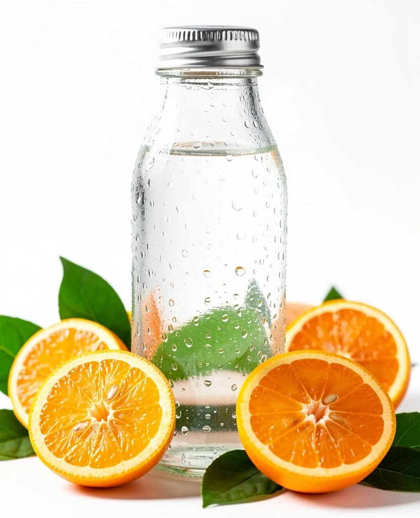 Botella de agua con frutas cítricas frescas