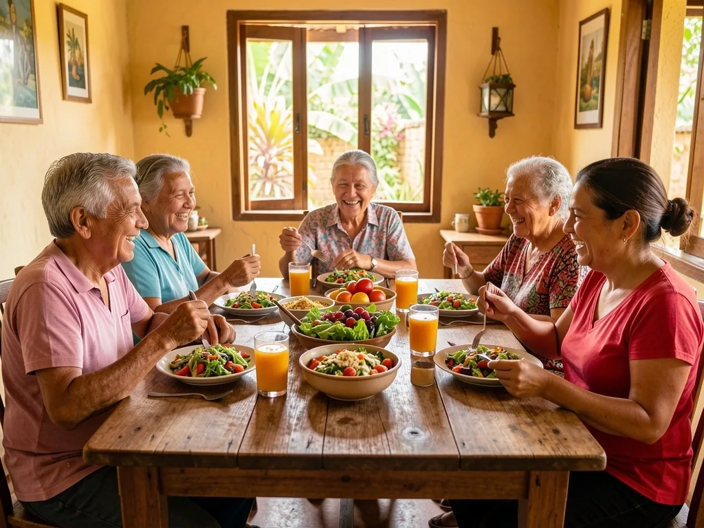 Familia compartiendo una comida saludable en mesa de madera
