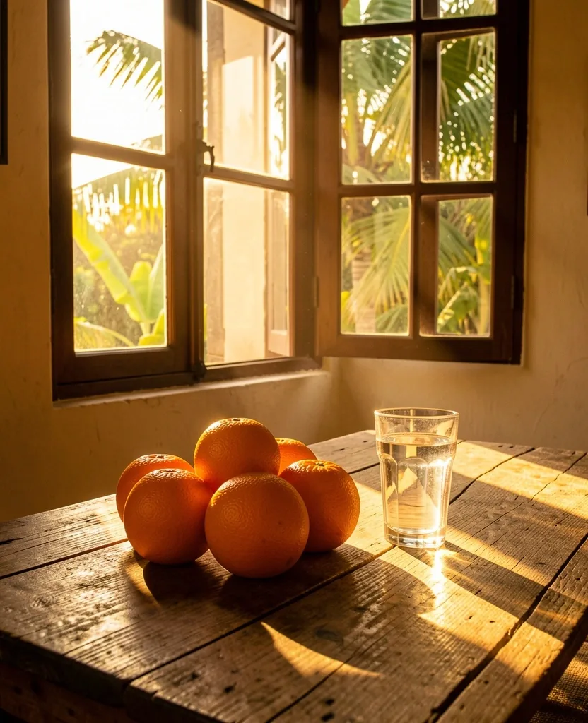 Luz solar matutina sobre frutas cítricas y vaso de agua