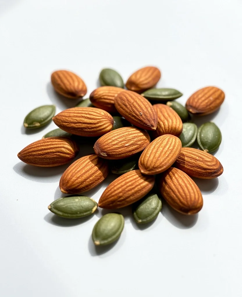 Semillas y frutos secos sobre superficie blanca