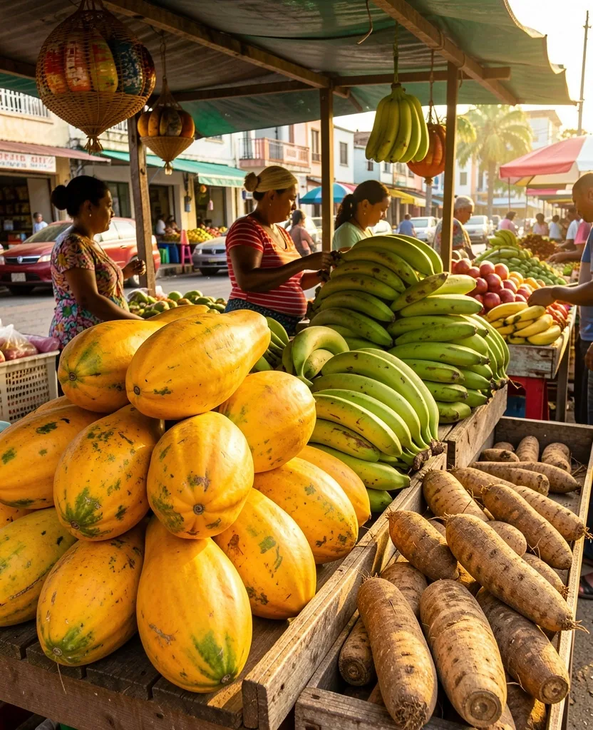 Puesto de frutas y verduras frescas en un mercado del Caribe colombiano