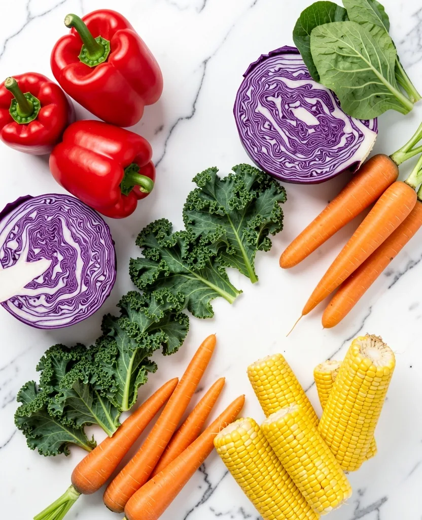 Variedad de vegetales coloridos sobre superficie clara