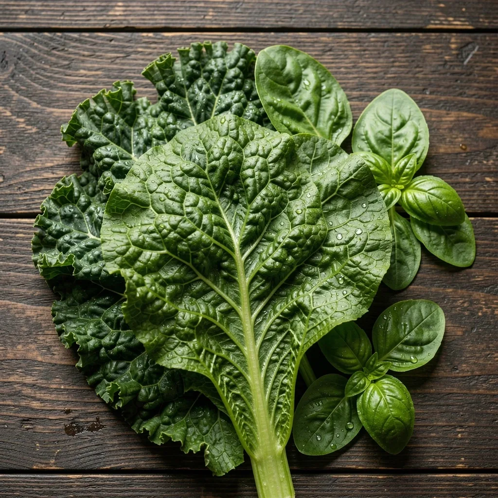 Vegetales de hojas verdes frescas sobre madera