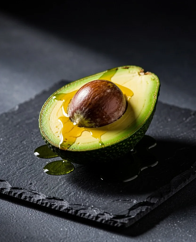 Aguacate con aceite de oliva sobre pizarra oscura