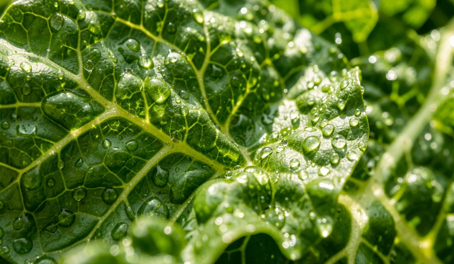 Gotas de agua sobre vegetales de hoja verde